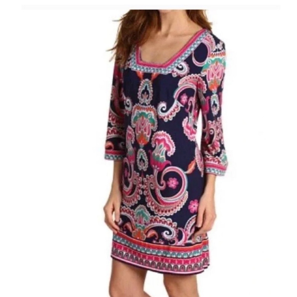 Laundry by‎ Shelli Segal Navy Paisley Square Neck Flair Sleeve Shift Dress 4